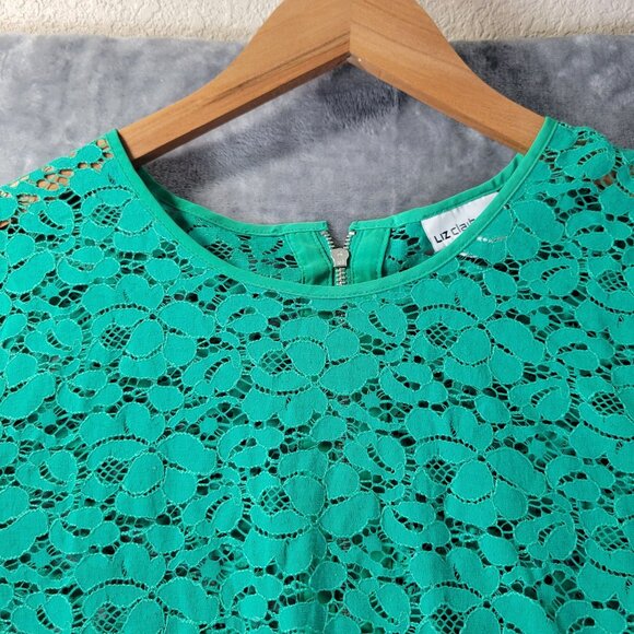 Liz‎ Claiborne Womens XL Green Lace Overlay Top Short Sleeve Floral Classic - Picture 5 of 10